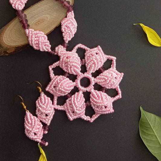 pink macrame necklace earrings set