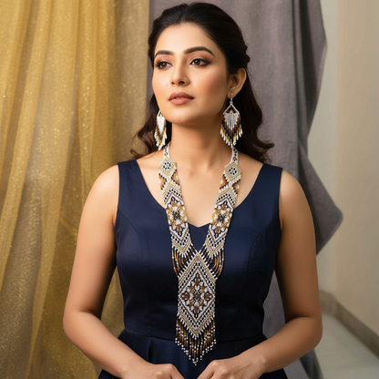 Revathi brown geometric beadloom necklace set