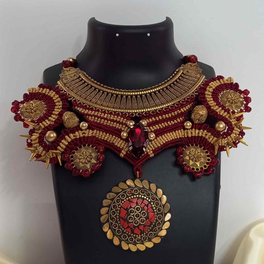 macrame collar style stone necklace and earrings set maroon necklace