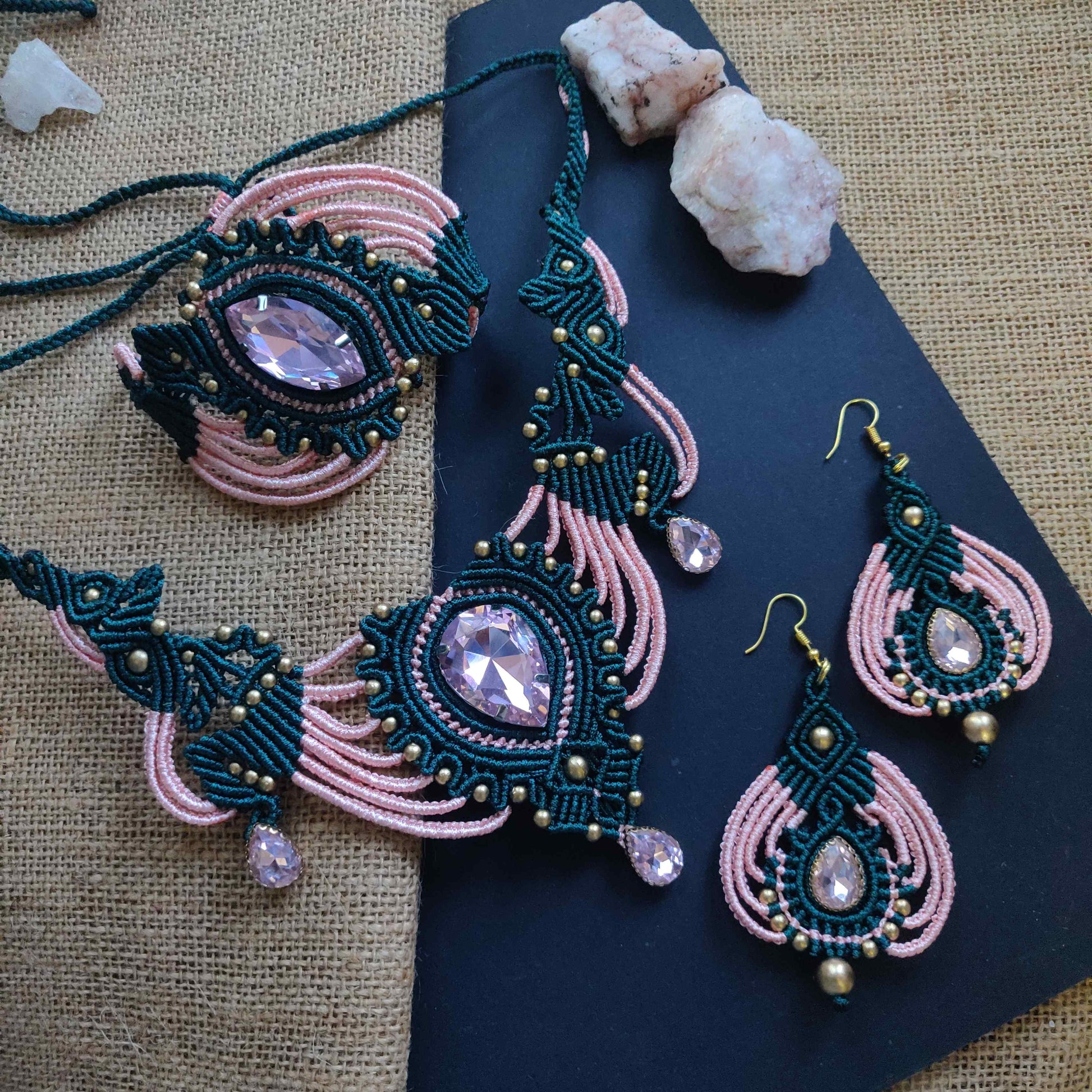 macrame stone necklace earrings and bracelet set in rama green and salmon pink party necklace set wedding jewellery