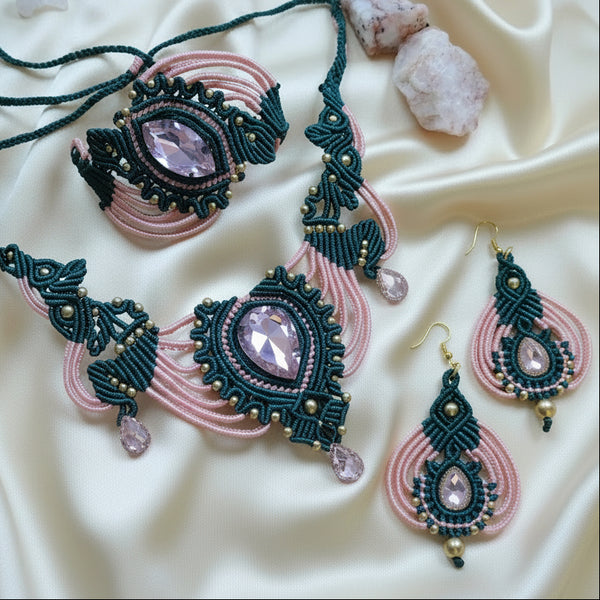 macrame stone necklace earrings and bracelet set in rama green and salmon pink party necklace set wedding jewellery