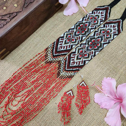 geometric design bead necklace coral red layered necklace dangler party wear occasion wedding mehndi sangeet haldi jewellery