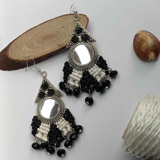 macrame mirror dangler bead earrings with seed beads