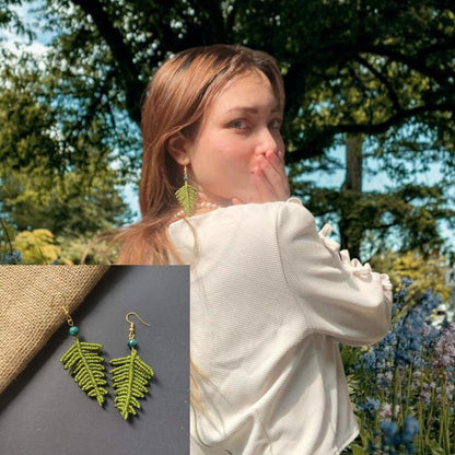 fern leaf macrame earrings palm leaf earrings green earrings dangler earrings bead earrings semiprecious stone earrings