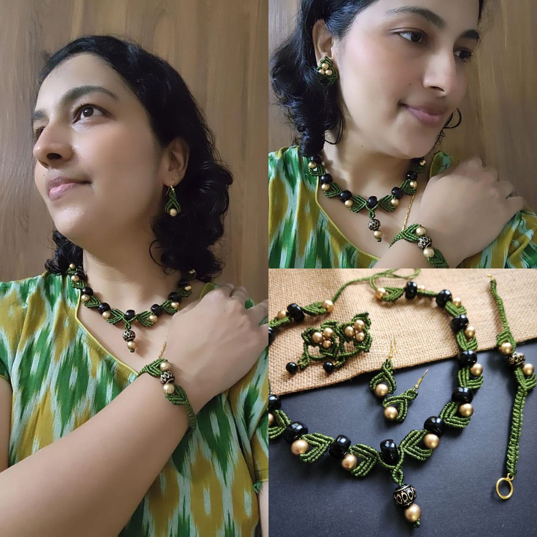 macrame necklace green necklace gold bead necklace black bead necklace stud earrings dangler bead bracelet necklace set