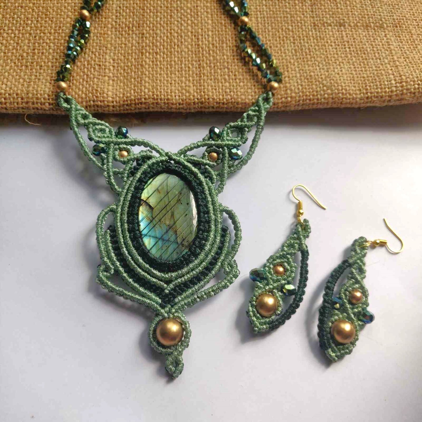 bead necklace set stone necklace set macrame earrings necklace labrodorite green necklace earrings oval stone office wear set