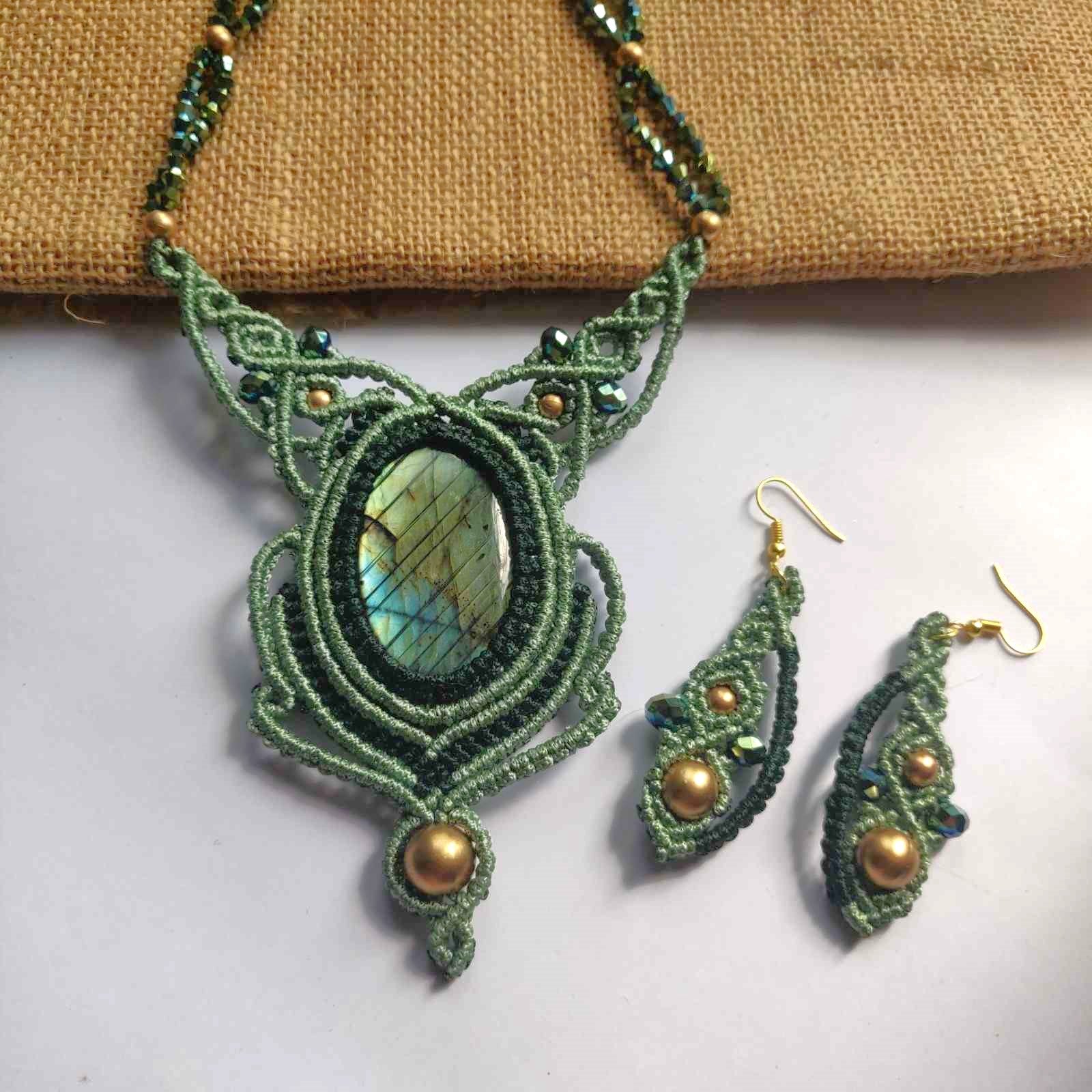bead necklace set stone necklace set macrame earrings necklace labrodorite green necklace earrings oval stone office wear set