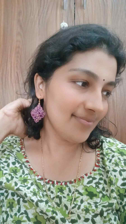 diamond shaped earrings purple dangler earrings macrame earrings