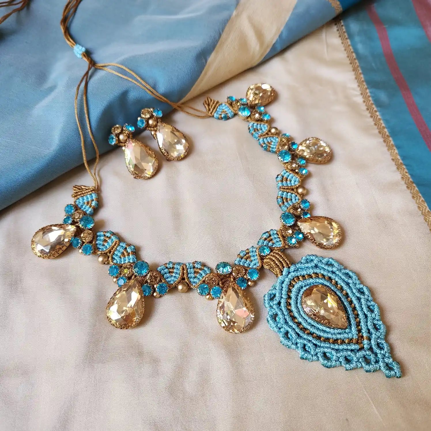 blue gold necklace turquoise topaz party necklace wedding stone necklace bridal necklace puja necklace stud earrings stone
