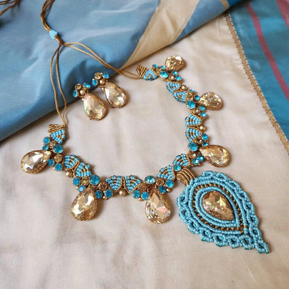 blue gold necklace turquoise topaz party necklace wedding stone necklace bridal necklace puja necklace stud earrings stone