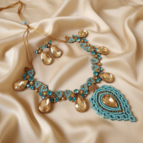 blue gold necklace turquoise topaz party necklace wedding stone necklace bridal necklace puja necklace stud earrings stone