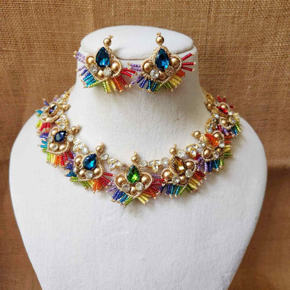 stone necklace rainbow macrame necklace set gold necklace bead necklace ethnic necklace party wear sangeet haldi wedding