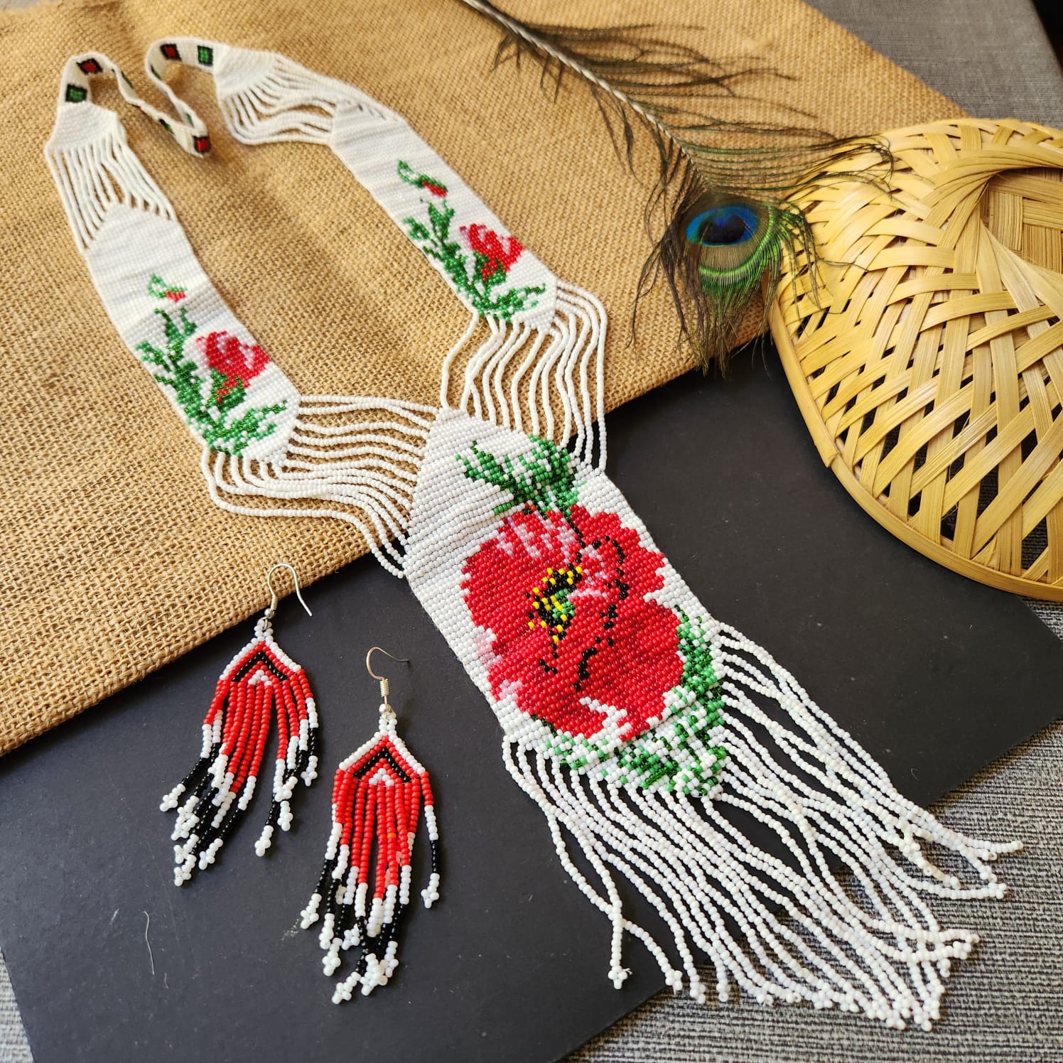 floral design bead necklace white red layered necklace dangler party wear occasion wedding mehndi sangeet haldi jewellery
