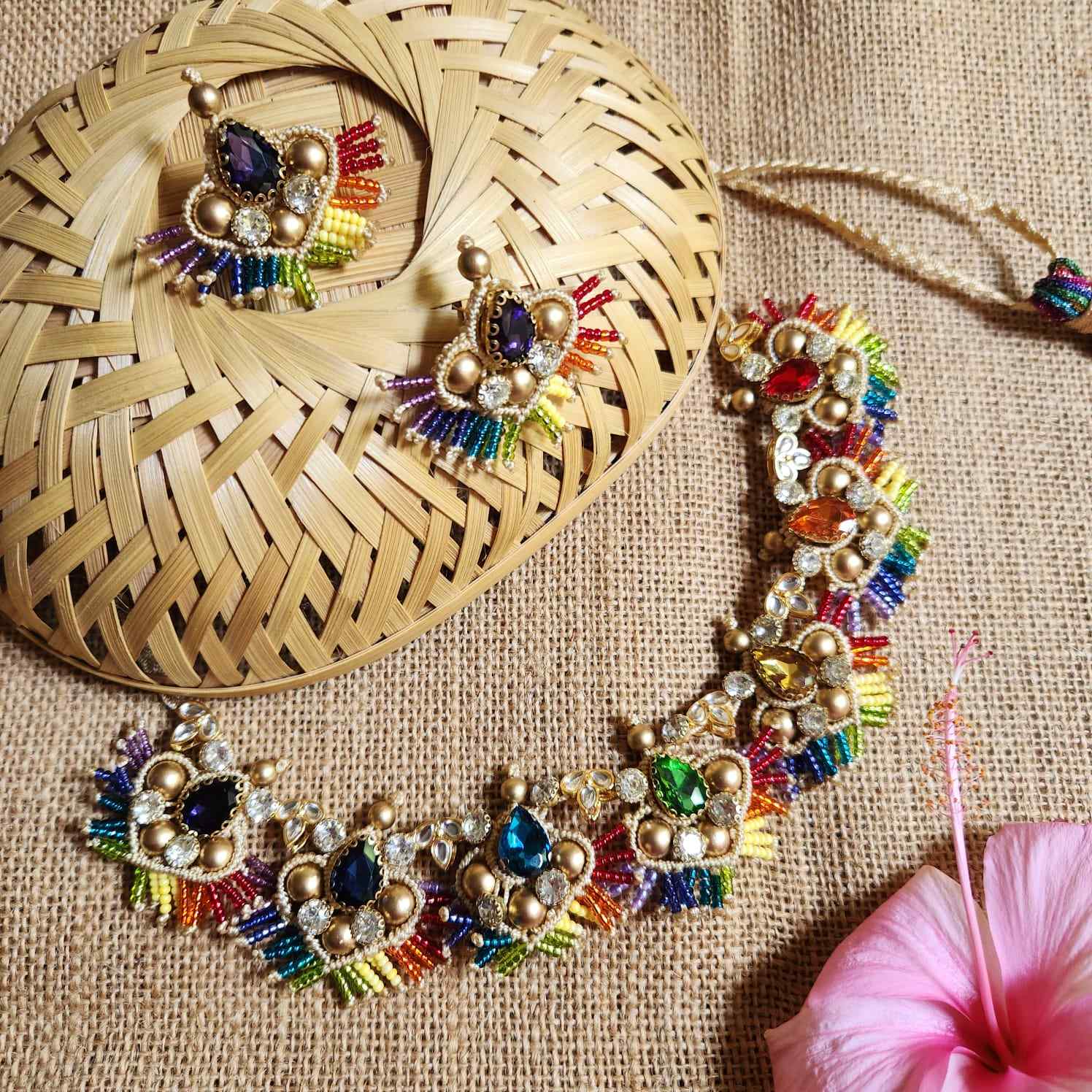 stone necklace rainbow macrame necklace set gold necklace bead necklace ethnic necklace party wear sangeet haldi wedding