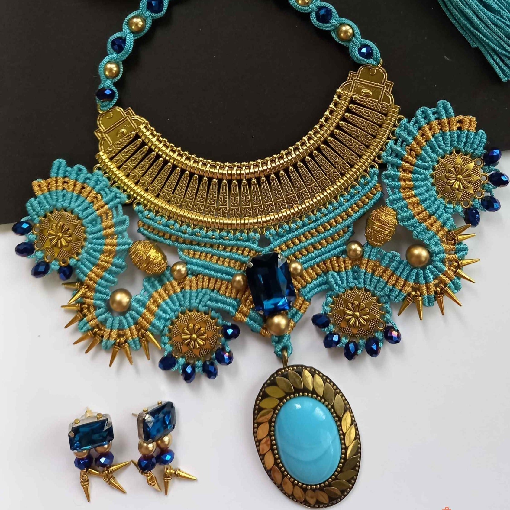 macrame collar style stone necklace and earrings set