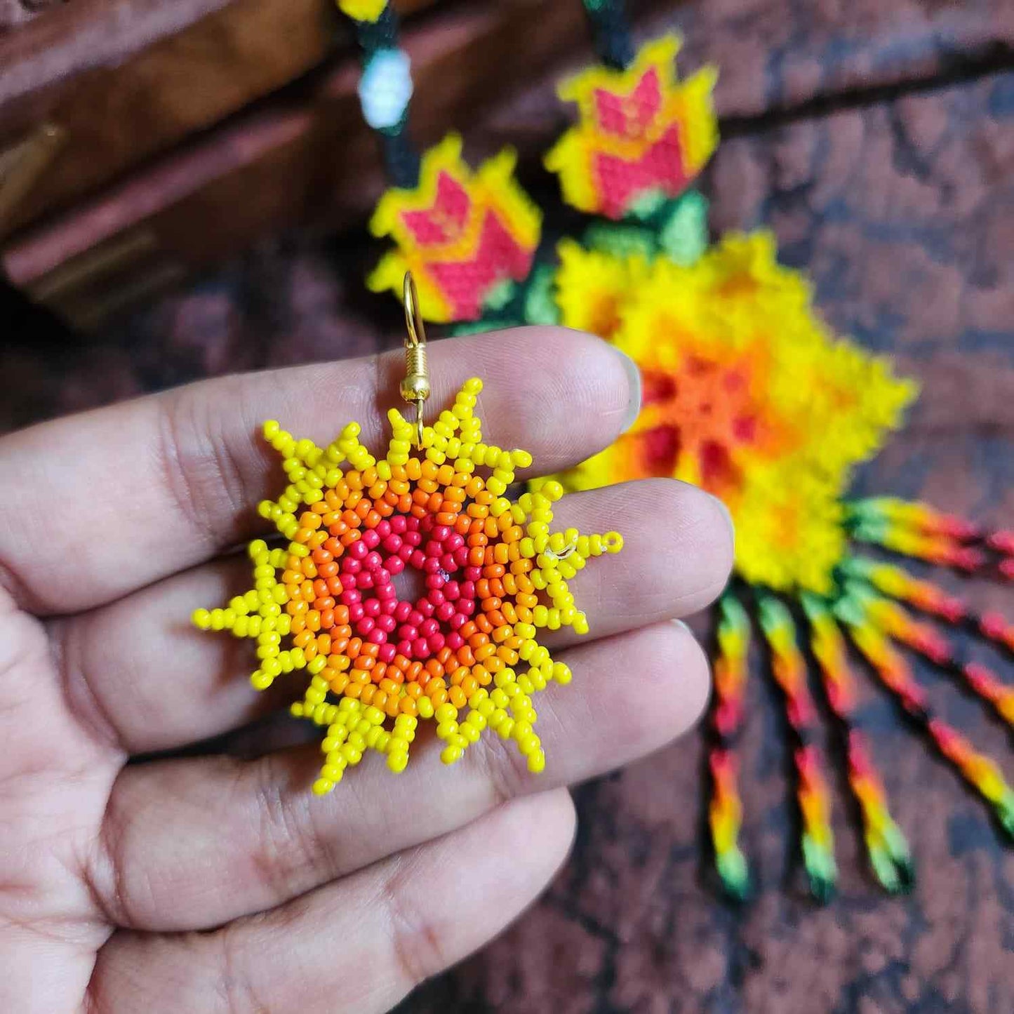 bead necklace flower necklace 3D necklace layer haldi necklace set flower earrings yellow orange necklace