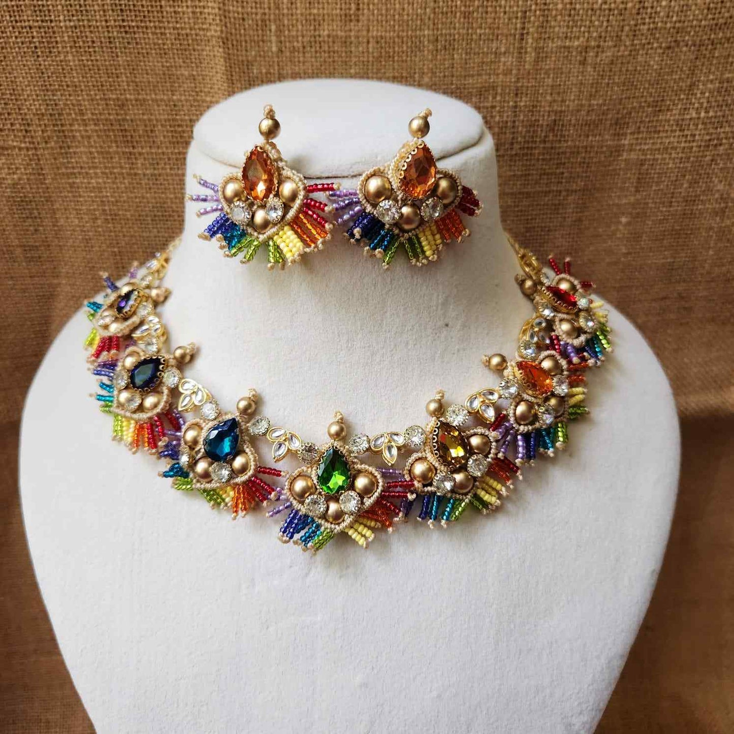 stone necklace rainbow macrame necklace set gold necklace bead necklace ethnic necklace party wear sangeet haldi wedding