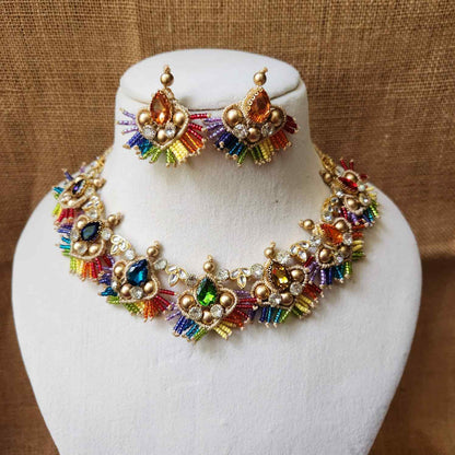 stone necklace rainbow macrame necklace set gold necklace bead necklace ethnic necklace party wear sangeet haldi wedding