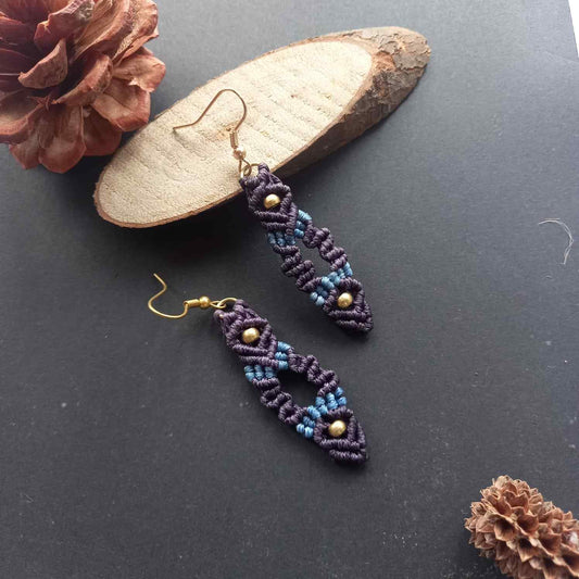 bead earrings macrame earrings zigzag design earrings dark blue earrings
