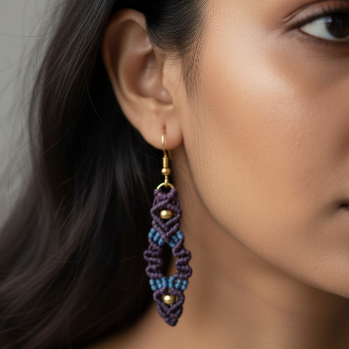 Hastakrita dark blue macrame bead earrings