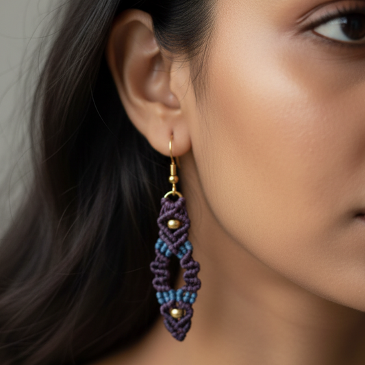 Hastakrita dark blue macrame bead earrings