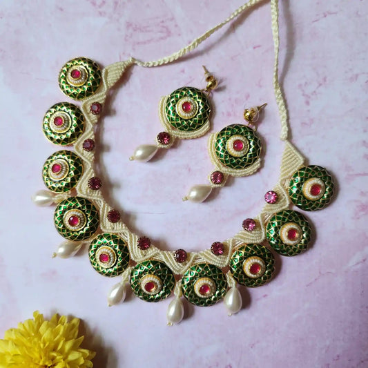 green meenakari necklace ruby necklace pearl necklace festive necklace party wear necklace stud earrings