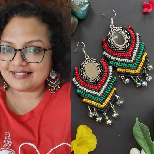 silver mirror earrings in red yellow green and black oval mirror earrings large dangler earrings macrame mirror earrings