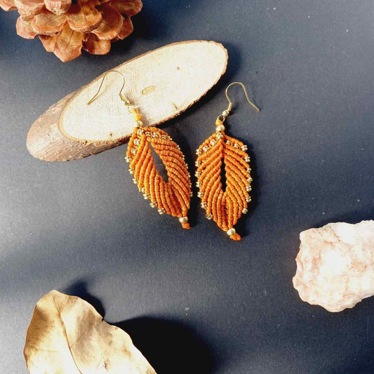 yellow leaf earrings bead macrame earrings brass bead leaf earrings casual earrings