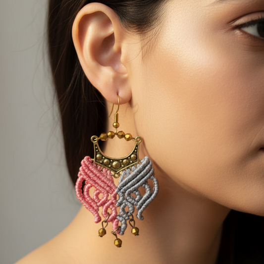Chandini pink grey macrame earrings