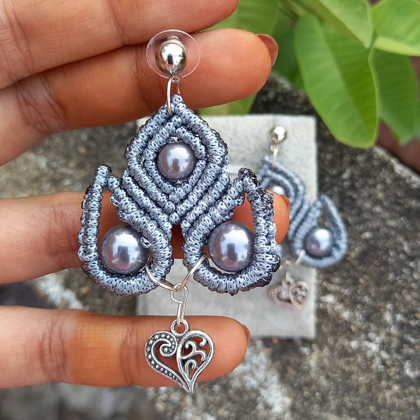 macramé stud dangler earrings with filigree heart accent