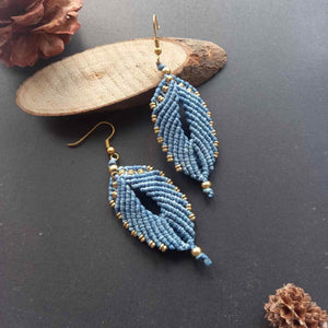 blue leaf like macrame earrings with brass beads