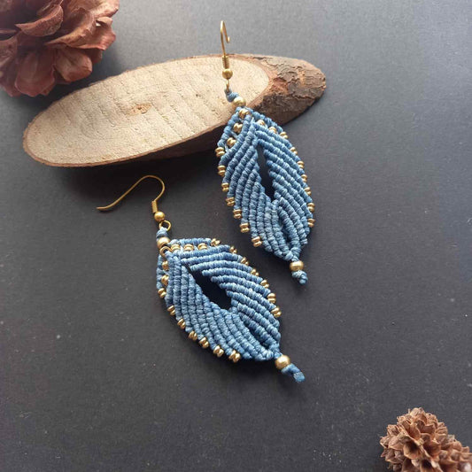 blue leaf like macrame earrings with brass beads