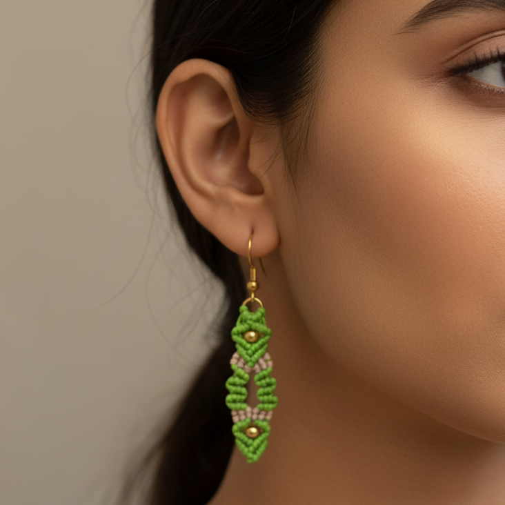 Hastakrita green macrame bead earrings
