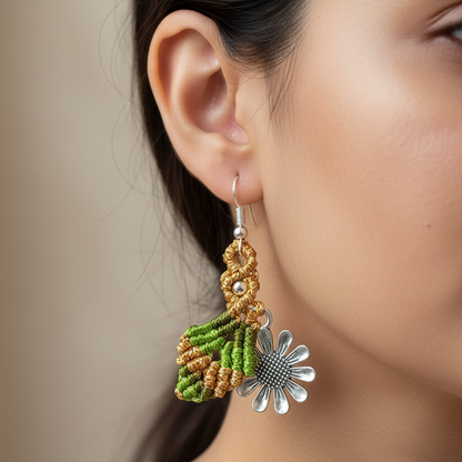 Pushp-pathra green gold macrame earrings