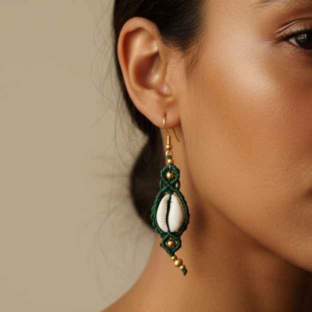 Sarit green cowrie macrame earrings