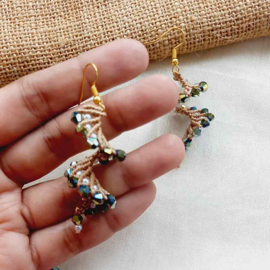macrame bead earrings in spiral shape with green beads office wear earrings