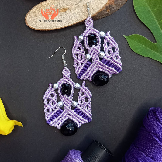 Macramé dangle earrings with black faceted focal beads