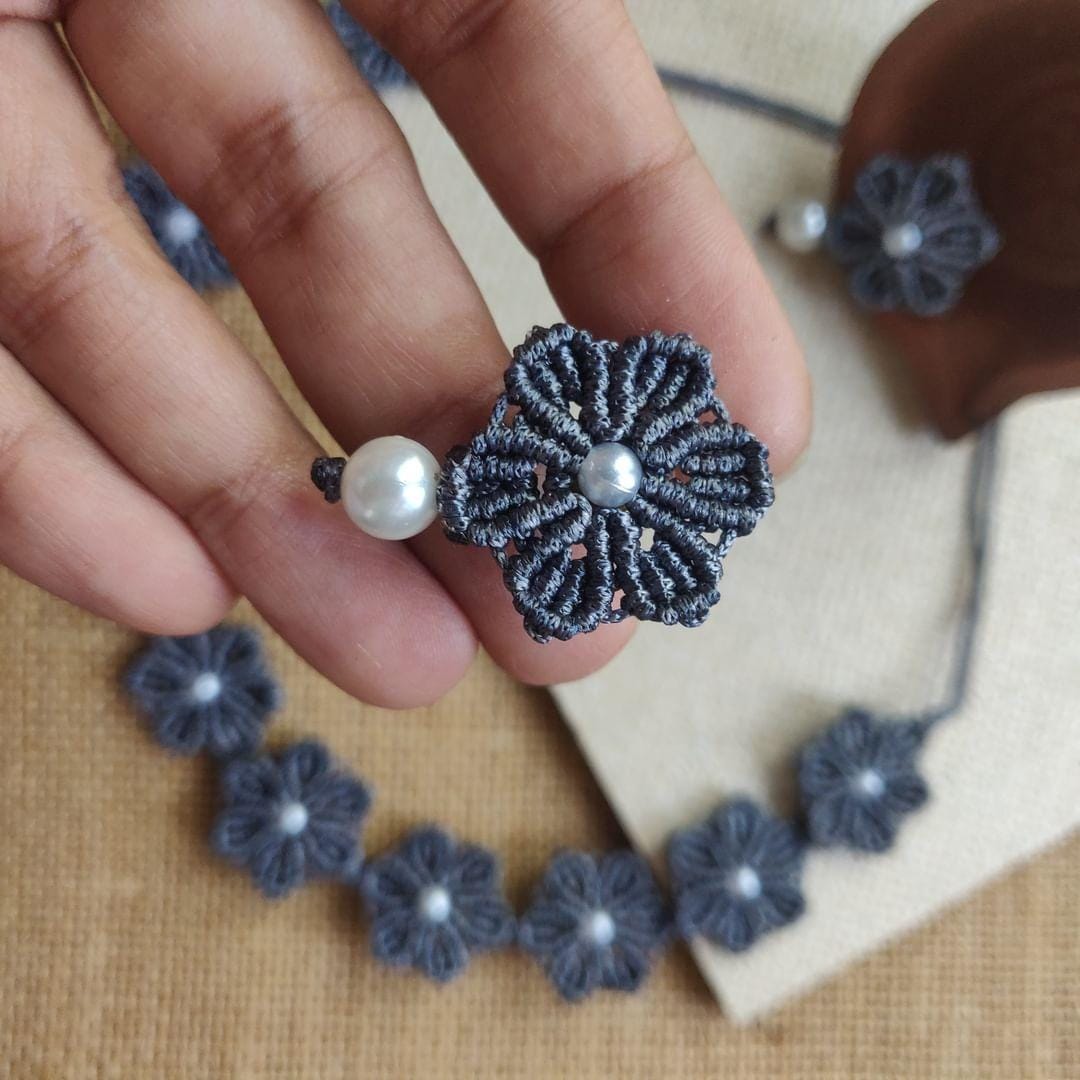 floral necklace daisy earrings flower necklace stud earrings grey necklace set grey earrings pearl earrings pearl necklace