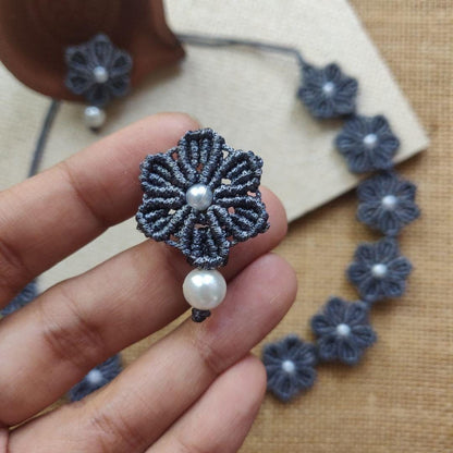 floral necklace daisy earrings flower necklace stud earrings grey necklace set grey earrings pearl earrings pearl necklace