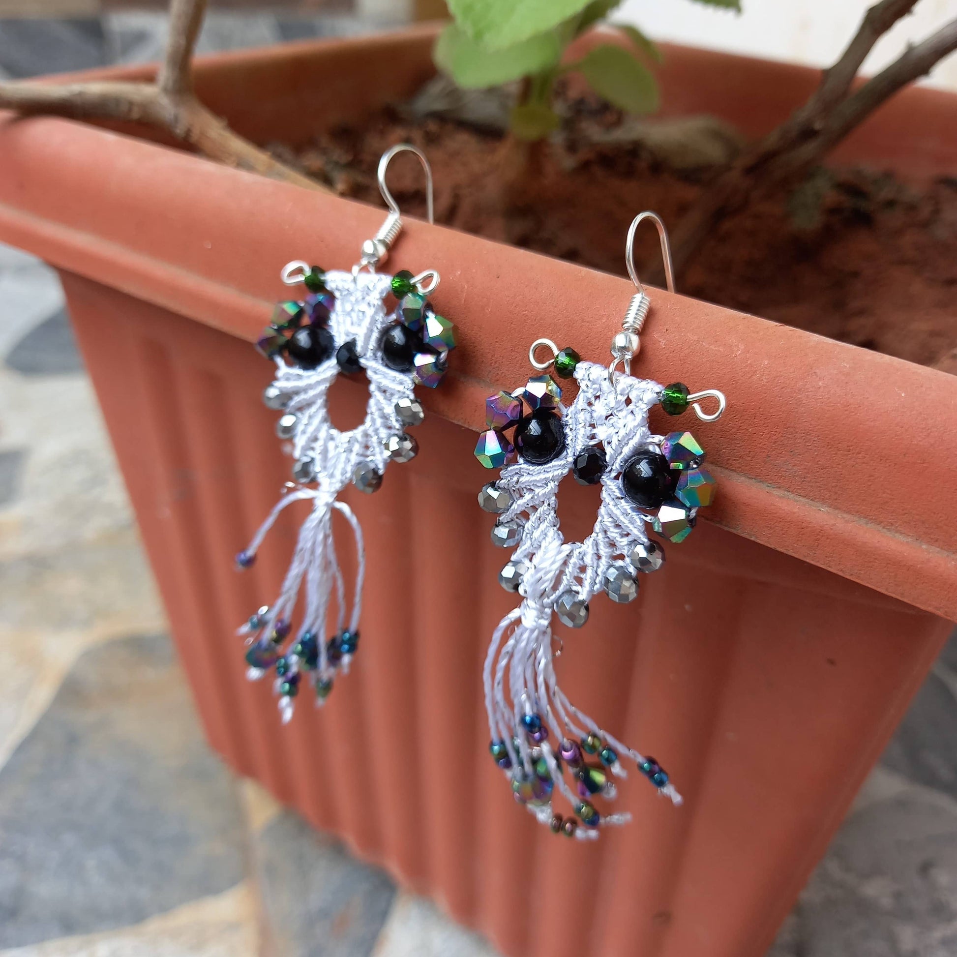 micro-macrame owl dangler earrings with bead embellished tail feathers