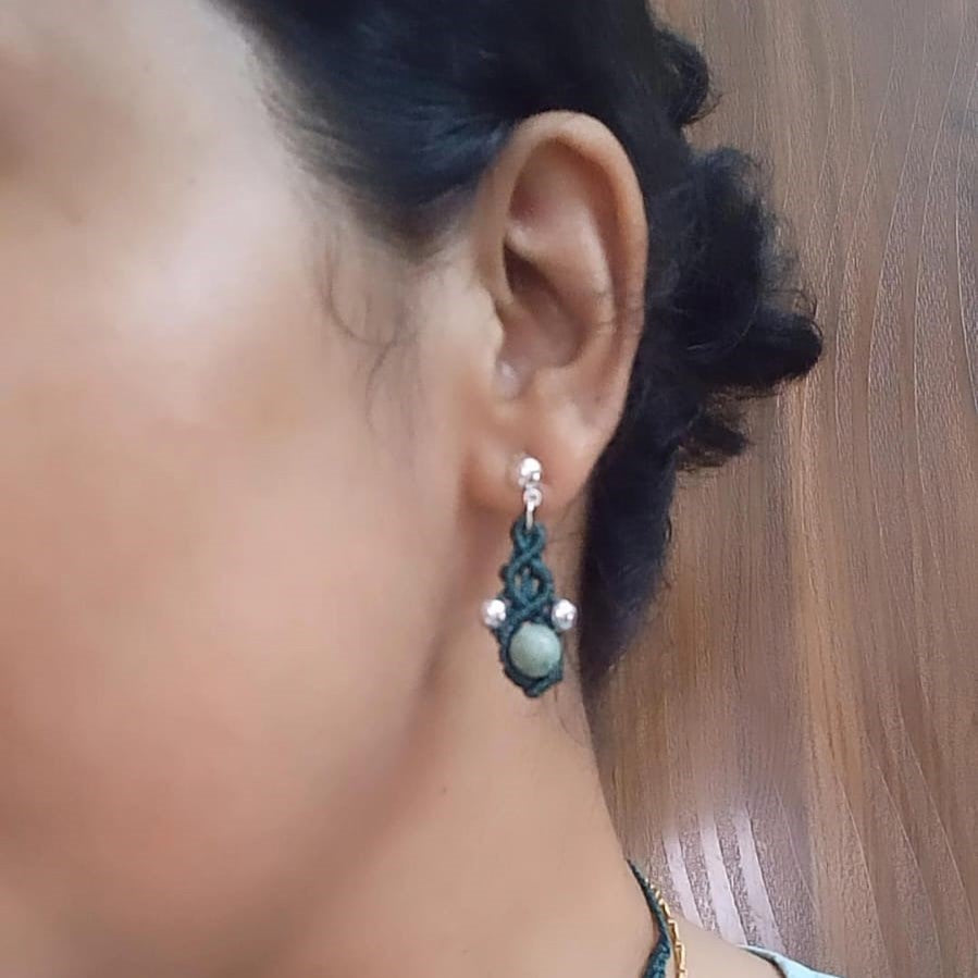 vesuvianite stone green stone necklace macrame necklace stud dangler earrings macrame earrings silver bead necklace earrings