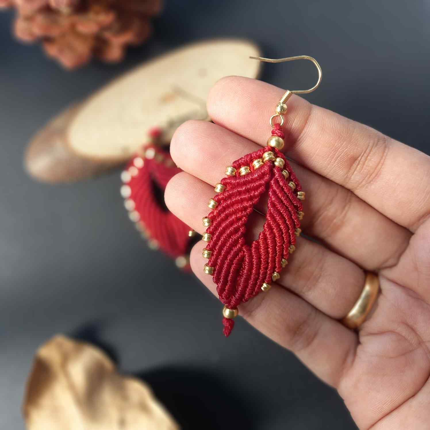 red leaf earrings bead macrame earrings brass bead leaf earrings casual earrings