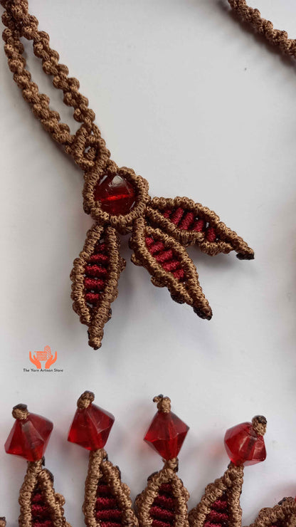 Brown and Maroon Macrame Statement Necklace with Jasper Centerpiece