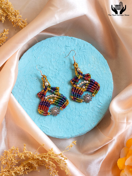 macrame dangler earrings with floral charm and gunghroo beads