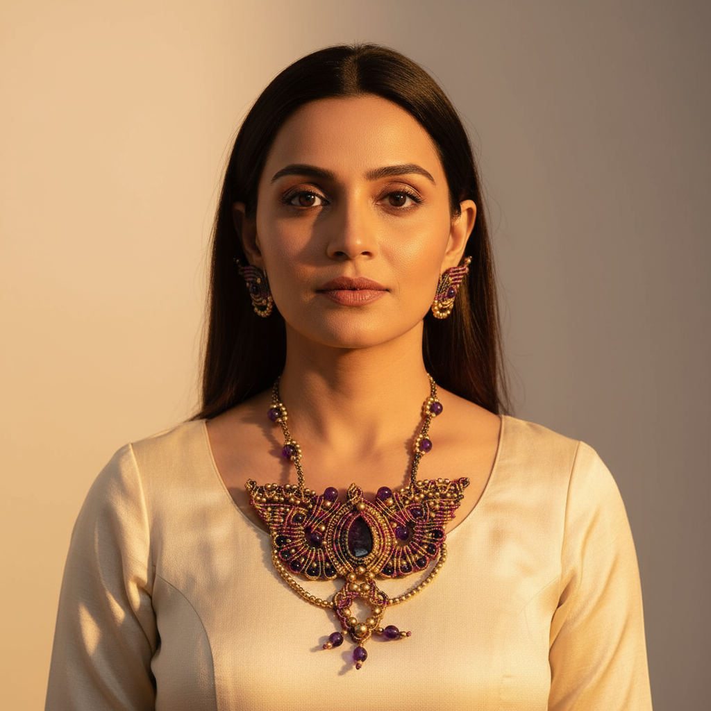 Thithli amethyst macrame necklace set