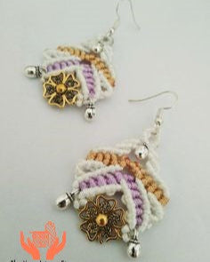 macrame dangler earrings with a floral connector and gunghroo beads
