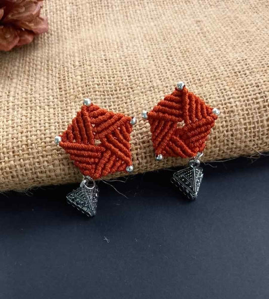 bead macrame pentagon shaped stud earrings with triangle jhumkis