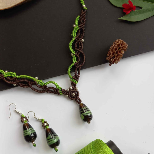bead macrame necklace earrings set in dark brown and parrot green