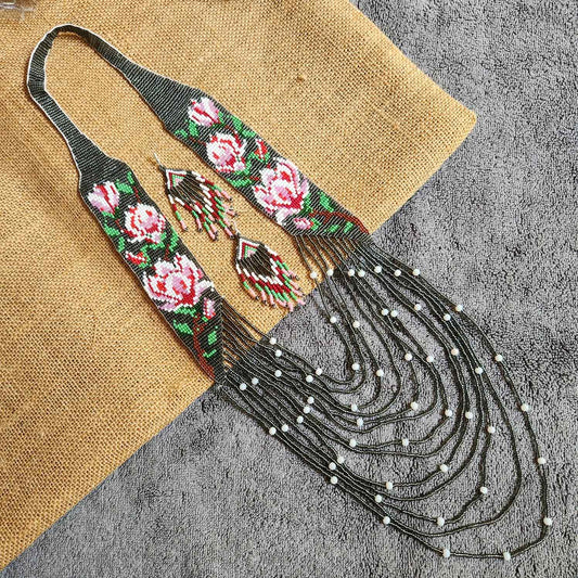 statement bead necklace partywear necklace floral necklace for sangeet wedding jewellery grey pink set bead earrings