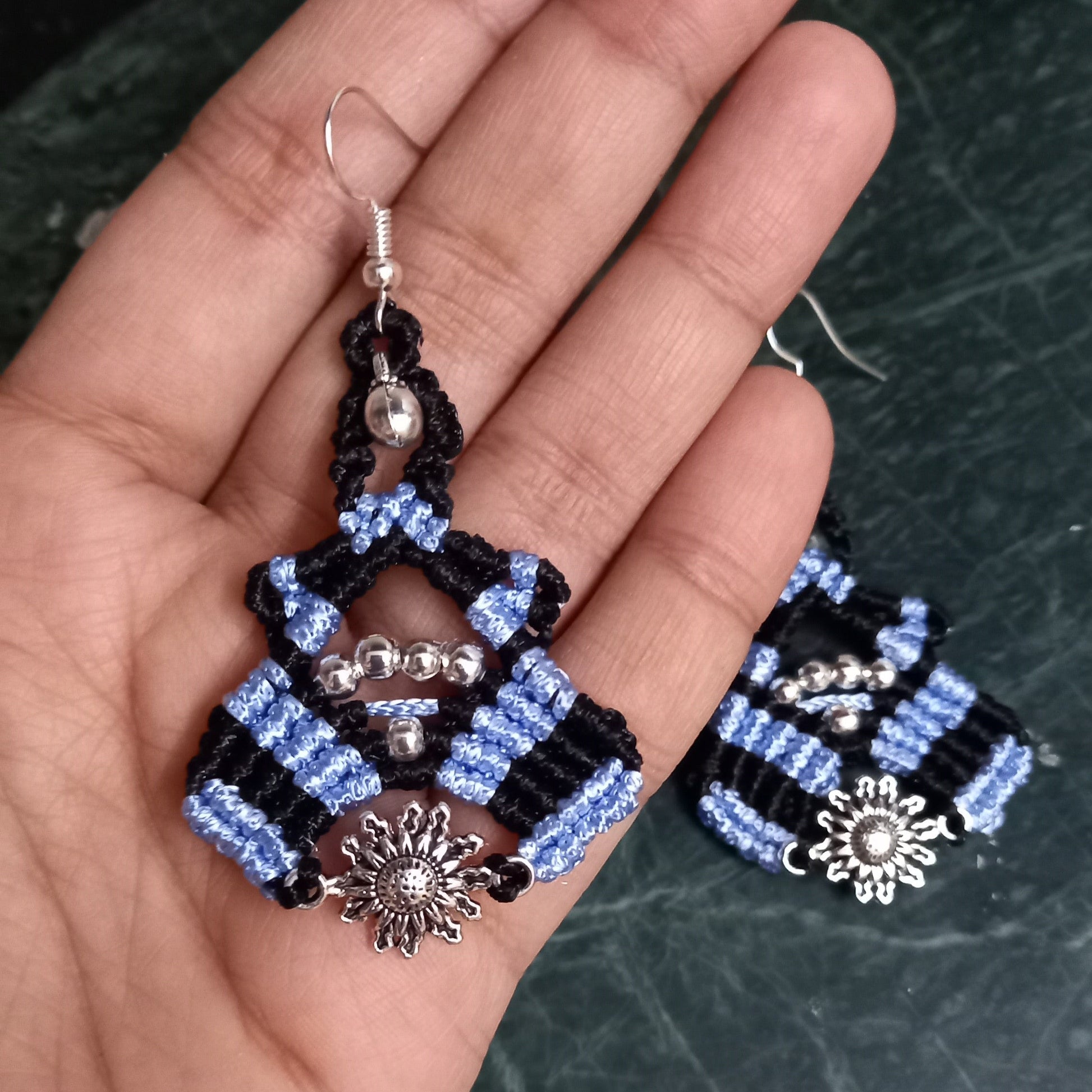 macrame dangler earrings with floral charm and gunghroo beads